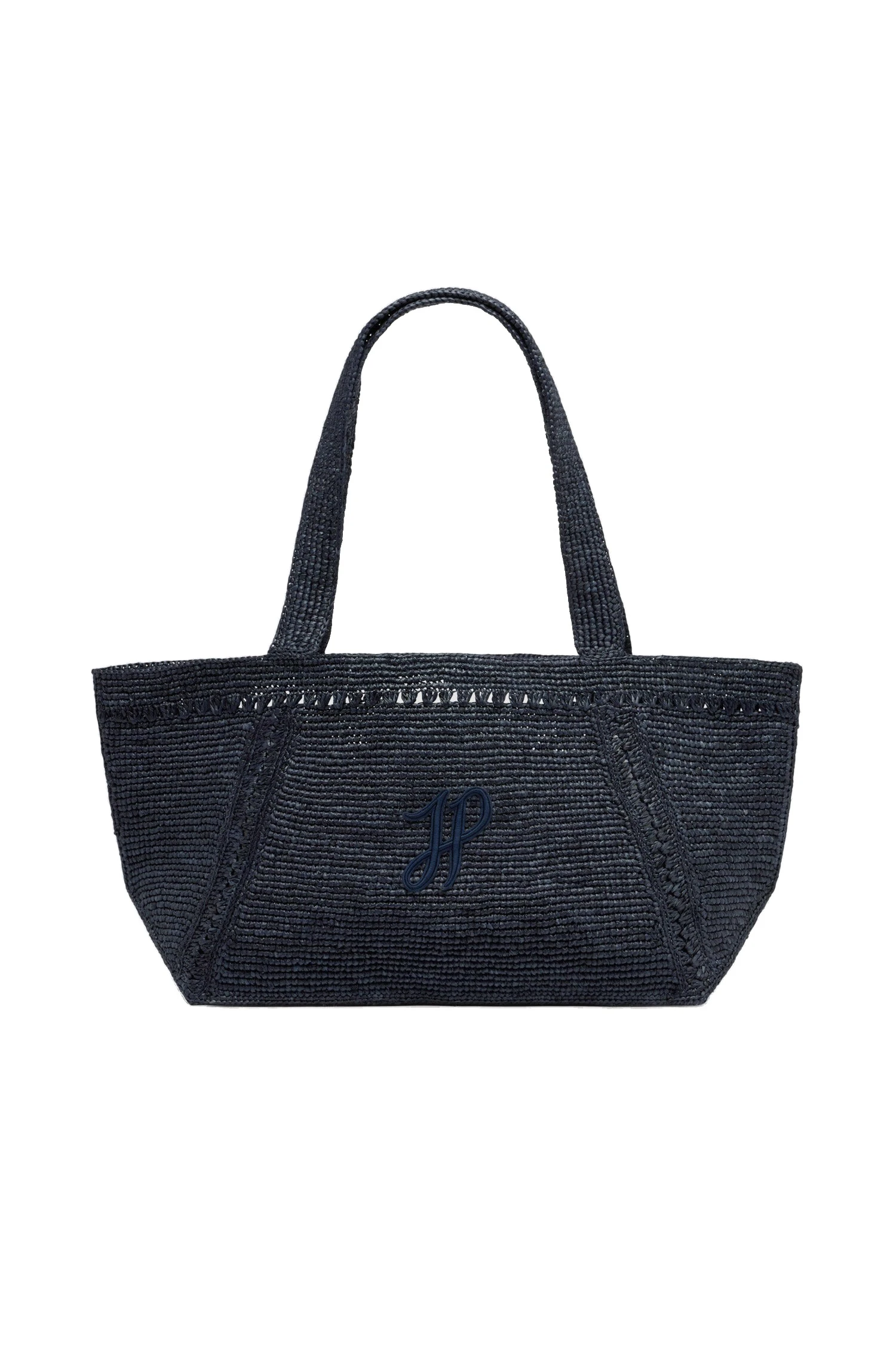 Patou Large JP monogram trapeze tote in raffia | Coveti Patou Large JP monogram trapeze tote in Navy Black raffia