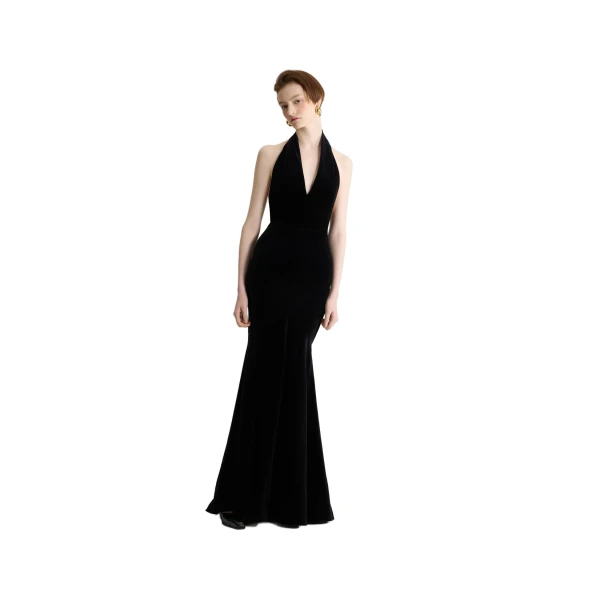 Long backless dress in Black blended organic cotton velvet - Image 2