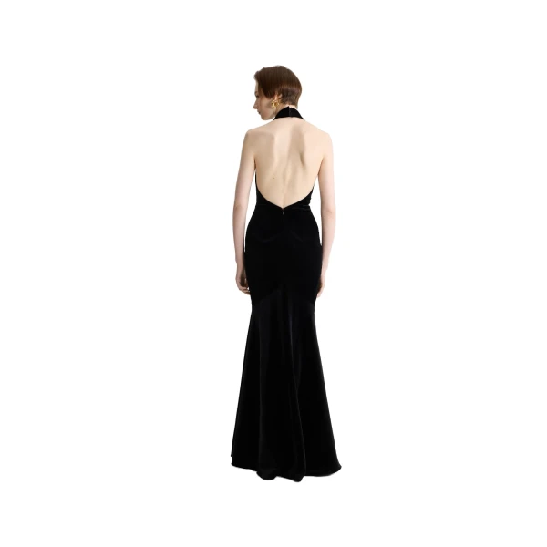 Long backless dress in Black blended organic cotton velvet - Image 3