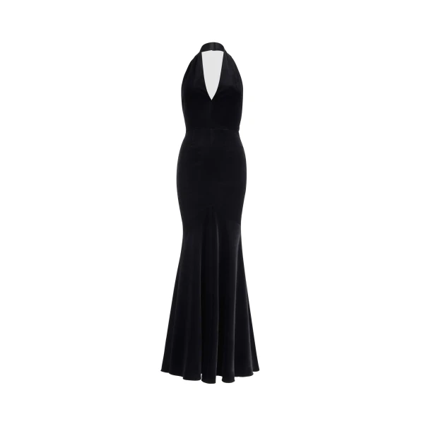 Long backless dress in Black blended organic cotton velvet