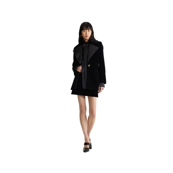 Long single-breasted jacket in Black organic cotton velvet - Image 2