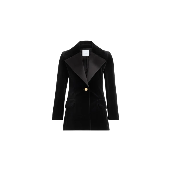 Long single-breasted jacket in Black organic cotton velvet