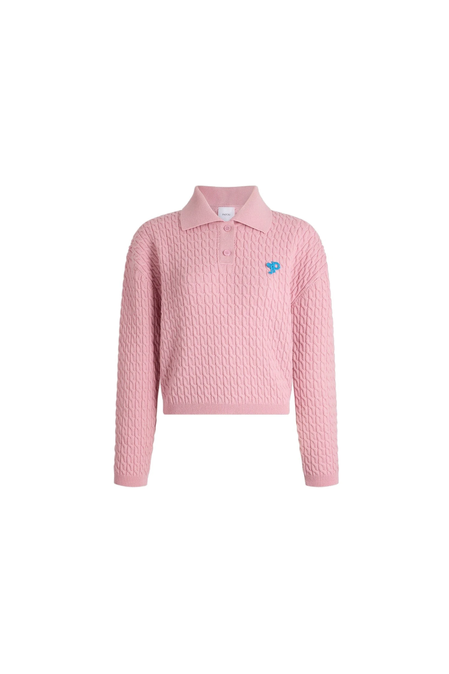 Patou Long-sleeve twisted polo in Heather Pink wool and cashmere | Knitwear | Coveti Patou Long-sleeve twisted polo in Heather Pink wool and cashmere