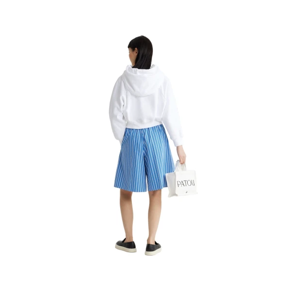Longline shorts in Victoria Blue Stripes printed sustainable cotton - Image 3