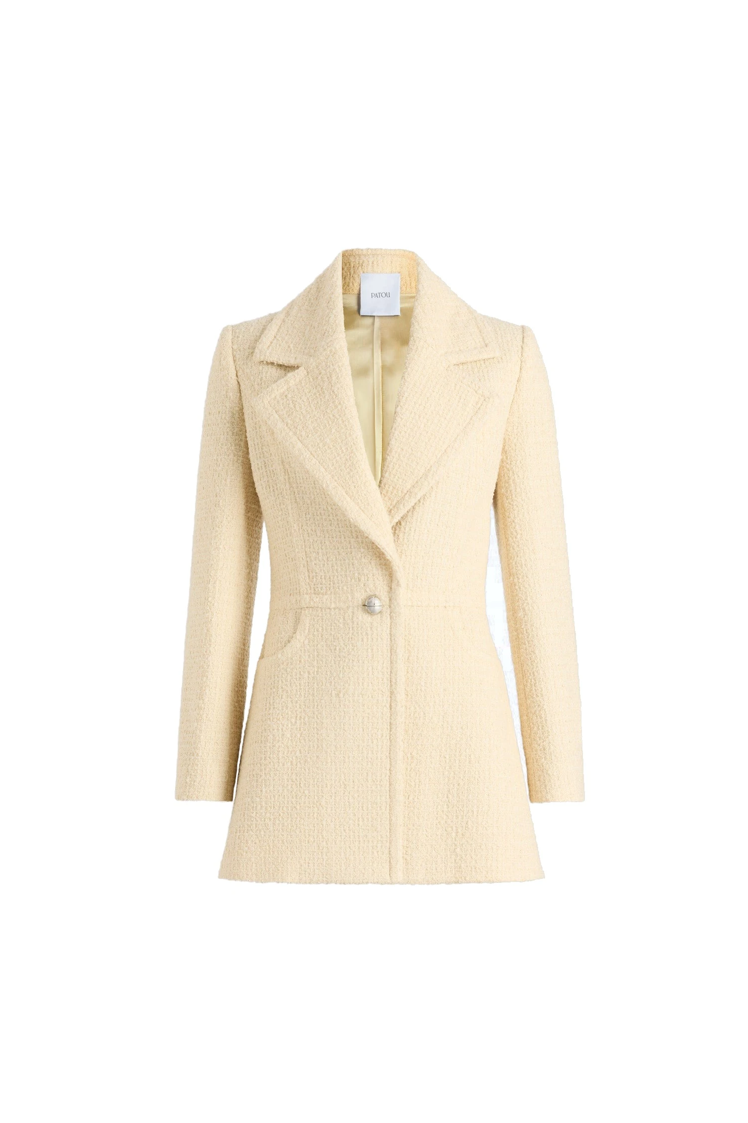 Patou Longline single-breasted jacket in No Label Snowberry White sustainable wool blend tweed | Jackets | Coveti Patou Longline single-breasted jacket in No Label Snowberry White sustainable wool blend tweed