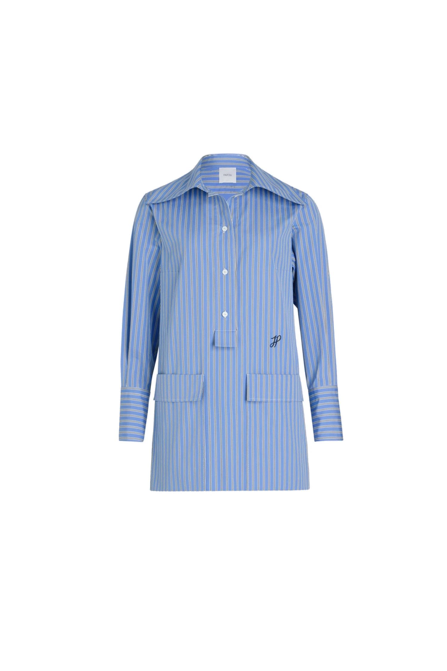 Patou Mini shirt dress in Heritage Blue Stripes printed organic cotton poplin | Dresses | Coveti Patou Mini shirt dress in Heritage Blue Stripes printed organic cotton poplin