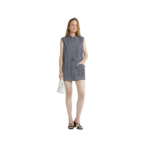 Mini shirt dress in Navy Stripes printed organic cotton poplin - Image 2