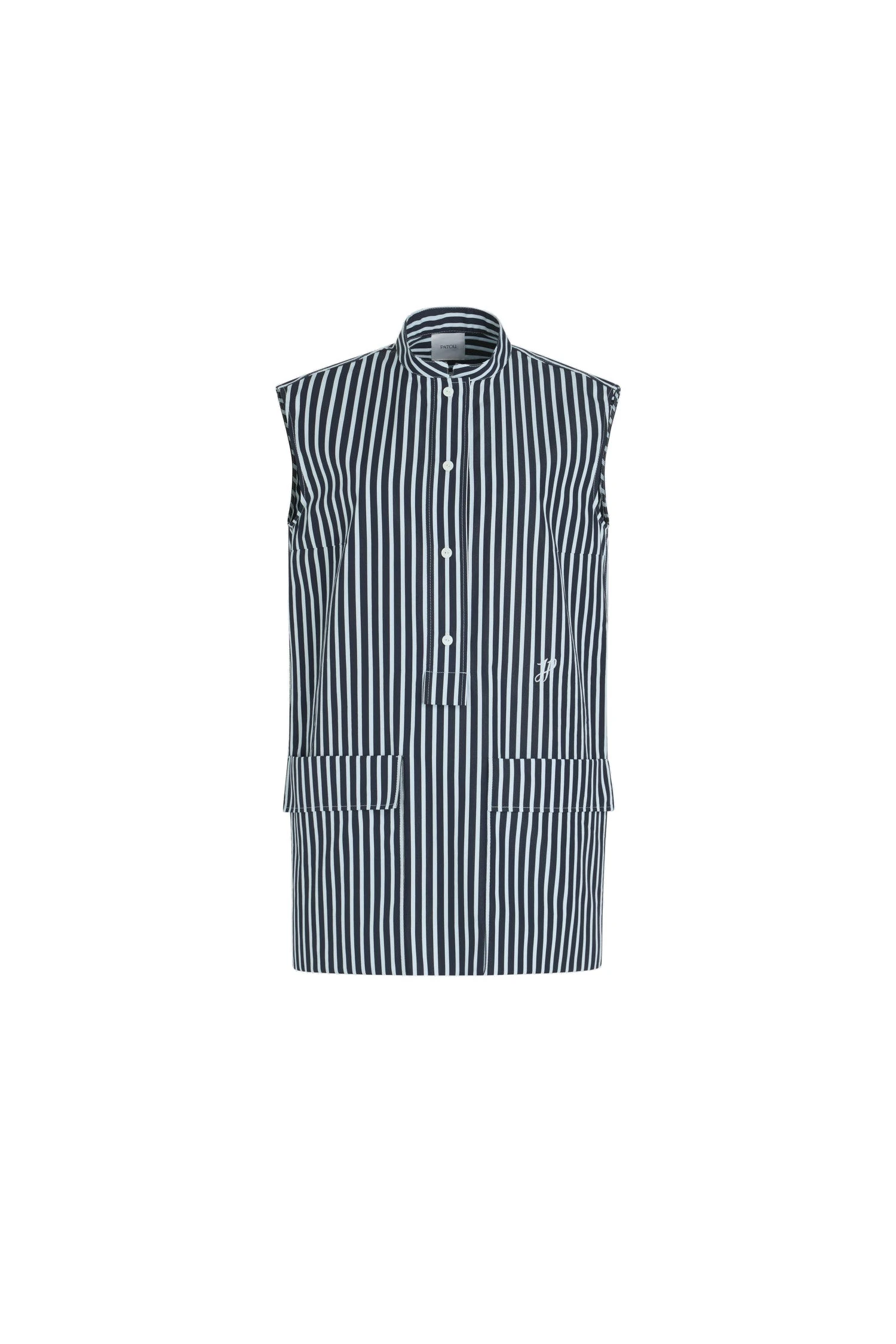 Patou Mini shirt dress in Navy Stripes printed organic cotton poplin | Dresses | Coveti Patou Mini shirt dress in Navy Stripes printed organic cotton poplin