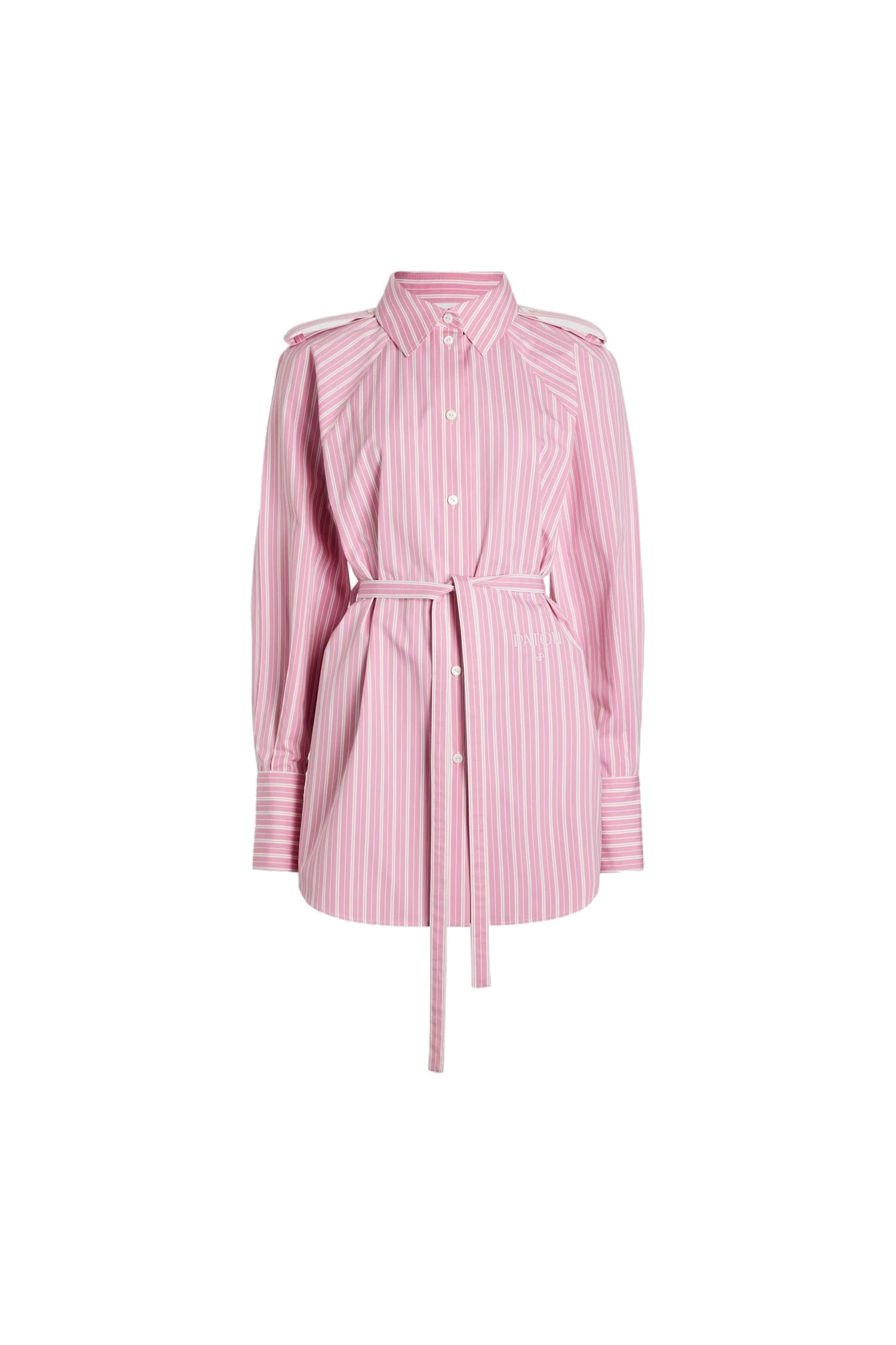 Patou Mini shirt dress in Pink Stripes printed sustainable cotton | Dresses | Coveti Patou Mini shirt dress in Pink Stripes printed sustainable cotton