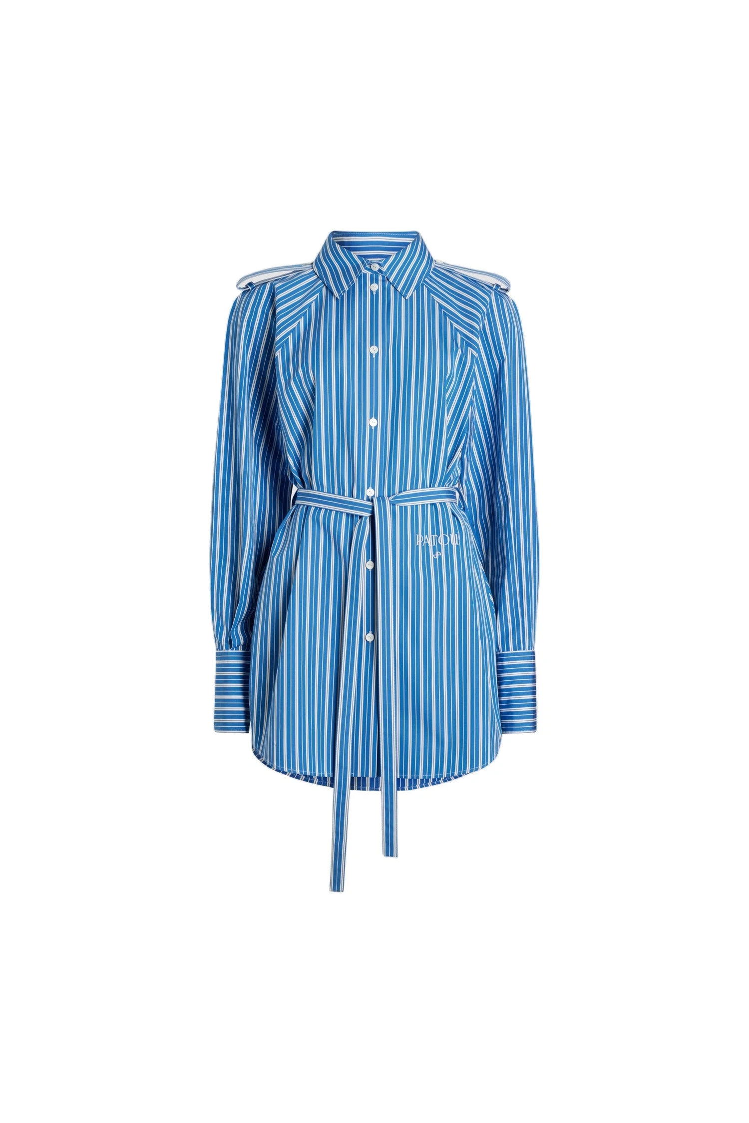 Patou Mini shirt dress in printed sustainable cotton | Coveti Patou Mini shirt dress in Victoria Blue Stripes printed sustainable cotton