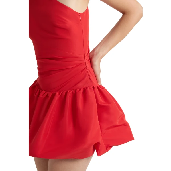 One-shoulder bubble mini dress in Lipstick Red recycled ottoman faille - Image 4