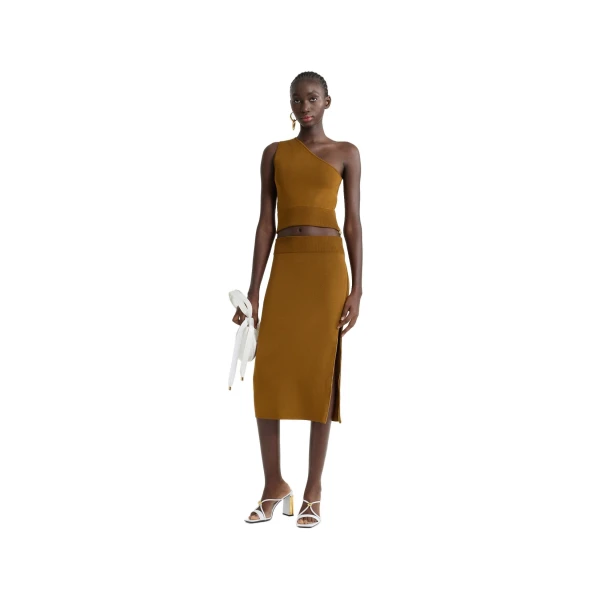 One-shoulder knit top in Caramel technical crepe - Image 2