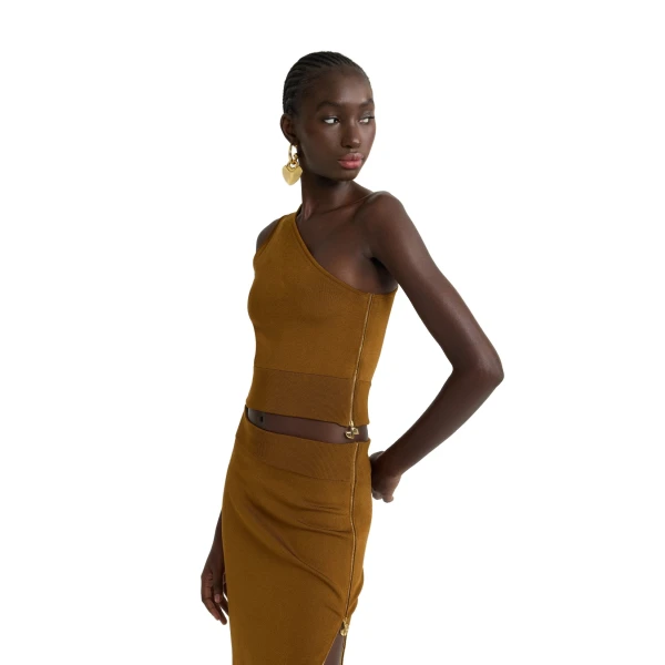 One-shoulder knit top in Caramel technical crepe - Image 4