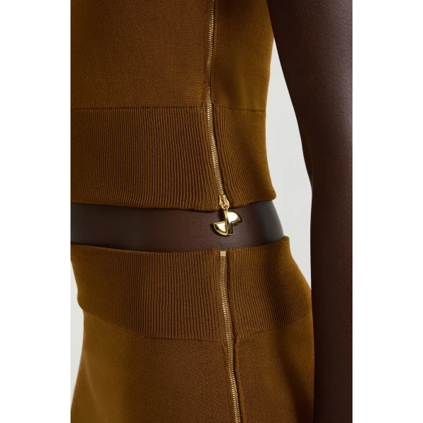 One-shoulder knit top in Caramel technical crepe - Image 5