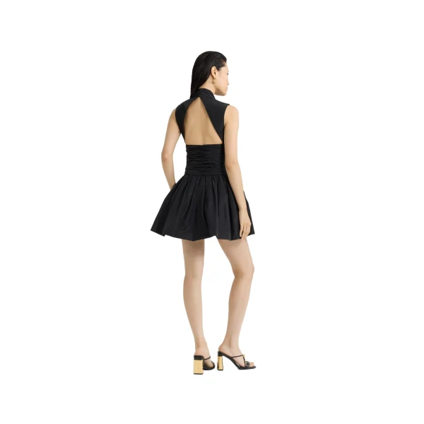 Open back bubble mini dress in Black recycled faille - Image 3