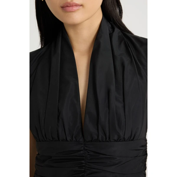 Open back bubble mini dress in Black recycled faille - Image 4