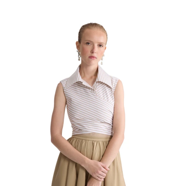 Organic cotton striped sleeveless draped top in Dolce Coffee Stripes - Image 5