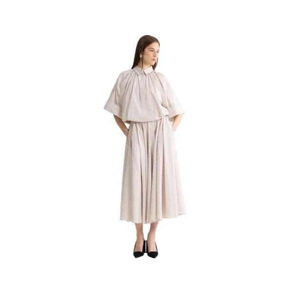 Organic cotton voluminous short-sleeved striped blouse in Dolce Coffee Stripes - Image 2