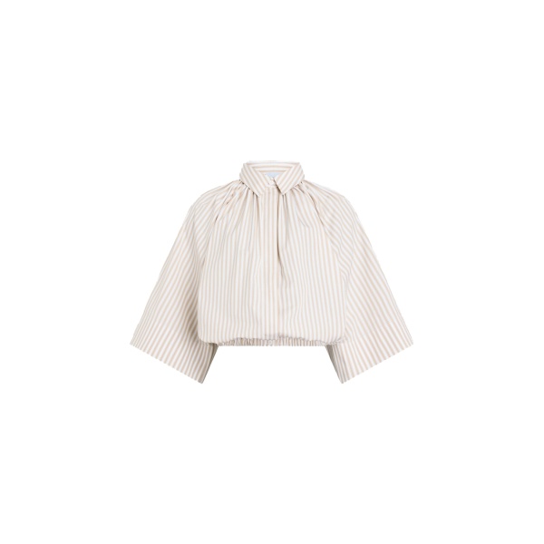 Patou Organic cotton voluminous short-sleeved striped blouse in Dolce Coffee Stripes