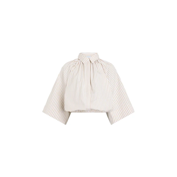 Patou Organic cotton voluminous short-sleeved striped blouse in Dolce Coffee Stripes