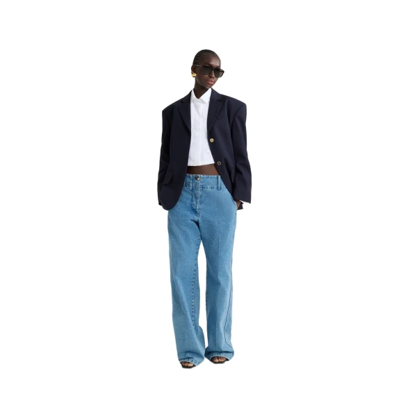 Oversized belted jacket in Navy Black sustainable technical wool twill - Image 2