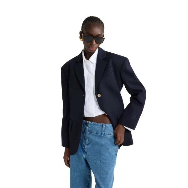 Oversized belted jacket in Navy Black sustainable technical wool twill - Image 4