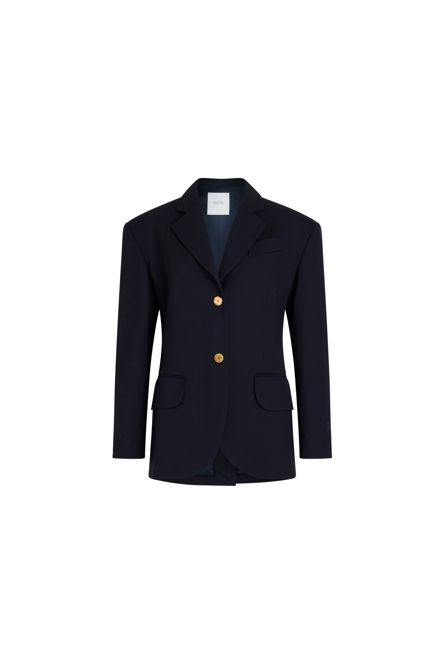 Patou Oversized belted jacket in Navy Black sustainable technical wool twill | Jackets | Coveti Patou Oversized belted jacket in Navy Black sustainable technical wool twill