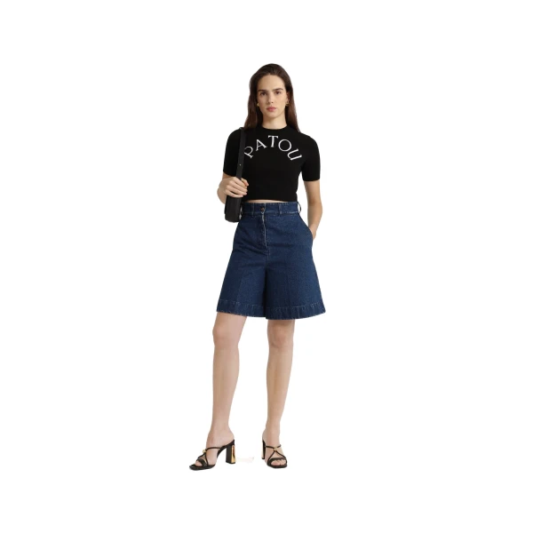 Patou logo jacquard cropped knit top in Black Merino wool blend - Image 2
