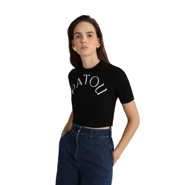 Patou logo jacquard cropped knit top in Black Merino wool blend - Image 4