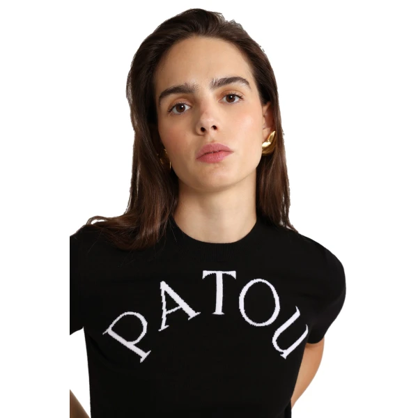 Patou logo jacquard cropped knit top in Black Merino wool blend - Image 5