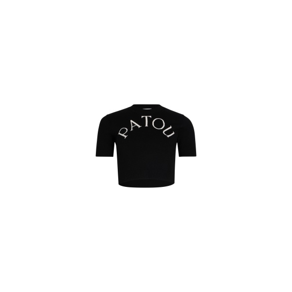Patou Patou logo jacquard cropped knit top in Black Merino wool blend