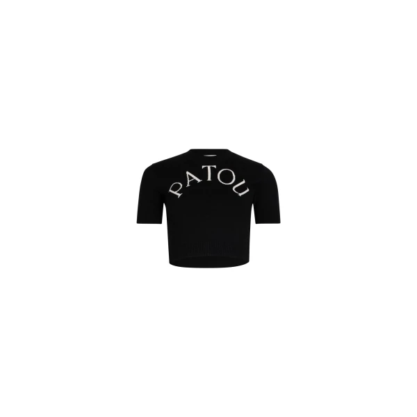 Patou Patou logo jacquard cropped knit top in Black Merino wool blend