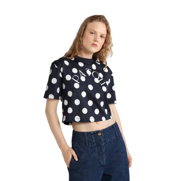 Patou logo split back t-shirt in Navy Polka Dots printed organic cotton - Image 4