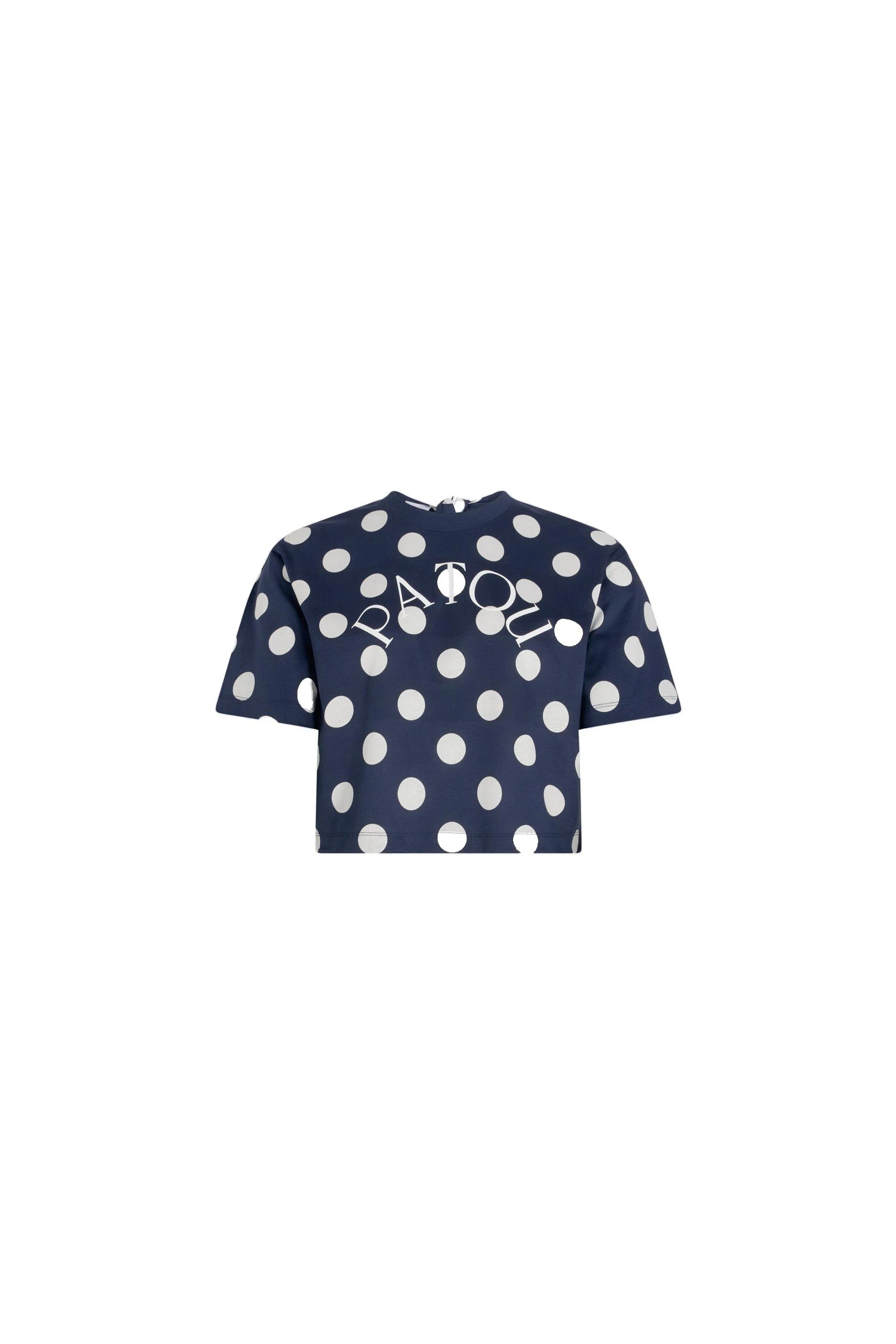 Patou logo split back t-shirt in printed organic cotton | Coveti Patou Patou logo split back t-shirt in Navy Polka Dots printed organic cotton