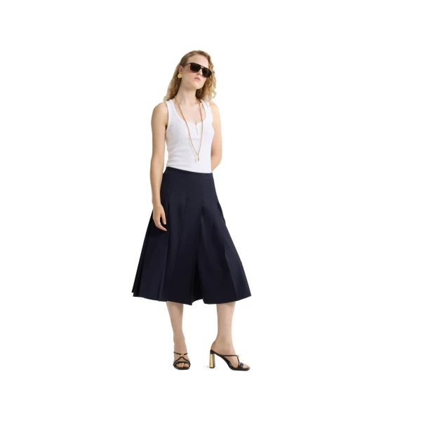 Pleated midi skirt in Navy Black sustainable technical wool twill - Image 2