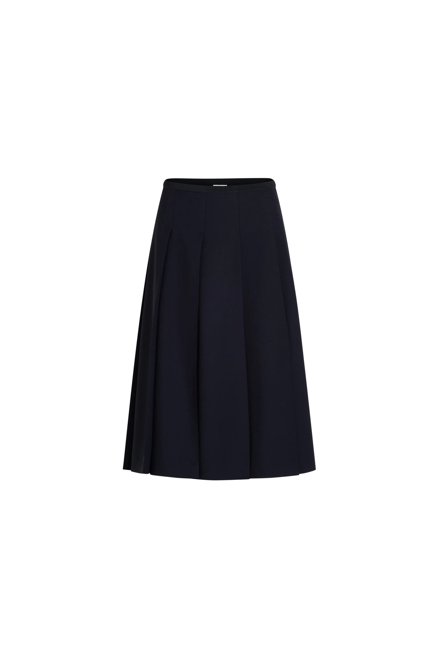 Patou Pleated midi skirt in Navy Black sustainable technical wool twill | Skirts | Coveti Patou Pleated midi skirt in Navy Black sustainable technical wool twill