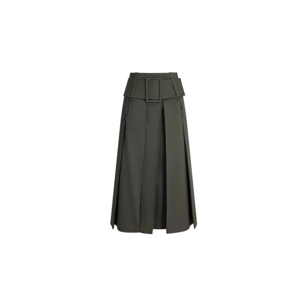Pleated midi skirt with belt in Ivy Green responsible wool