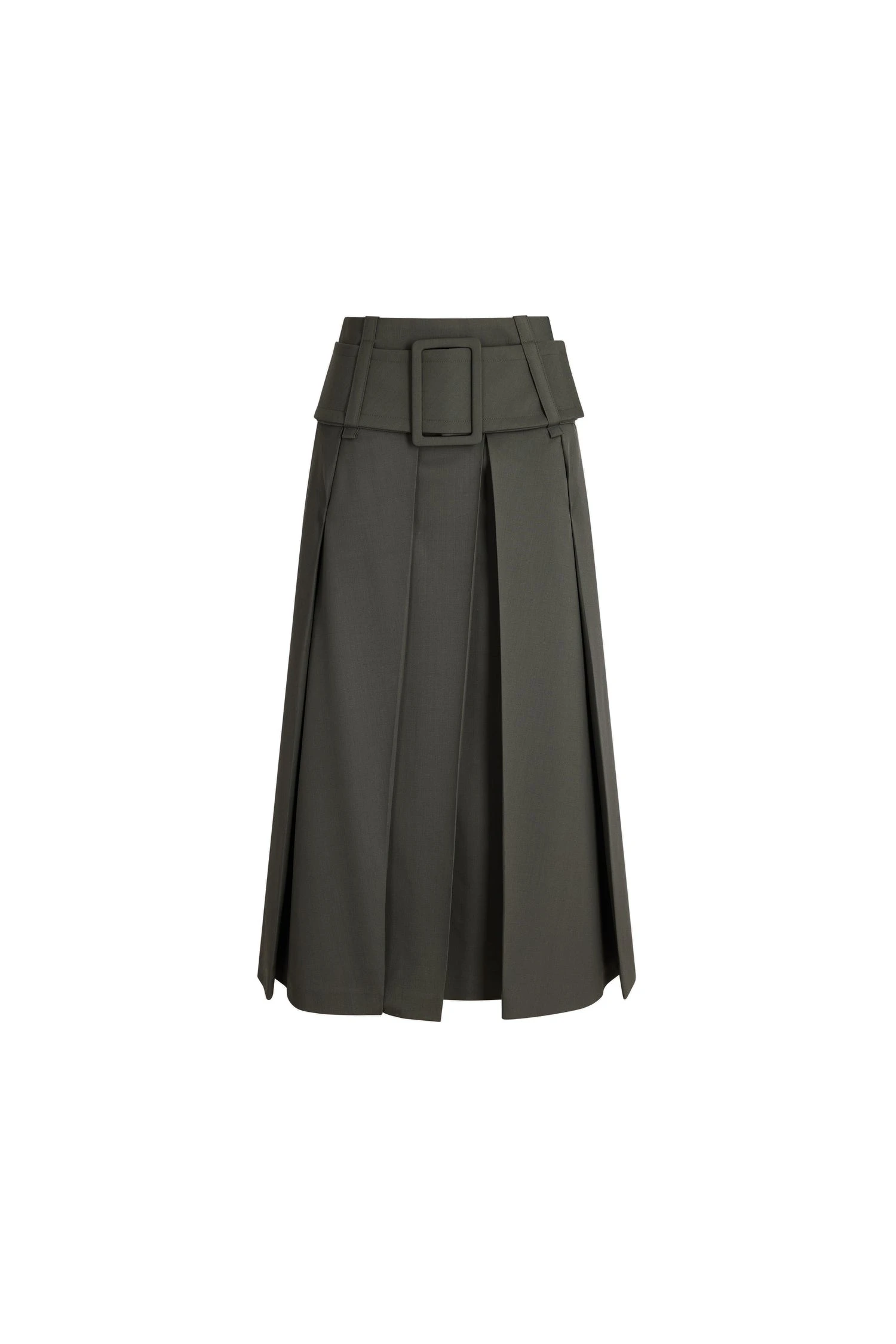 Patou Pleated midi skirt with belt in Ivy Green responsible wool | Skirts | Coveti Patou Pleated midi skirt with belt in Ivy Green responsible wool
