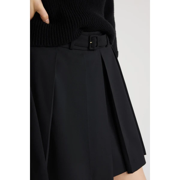 Pleated mini skirt in Black technical wool twill - Image 4