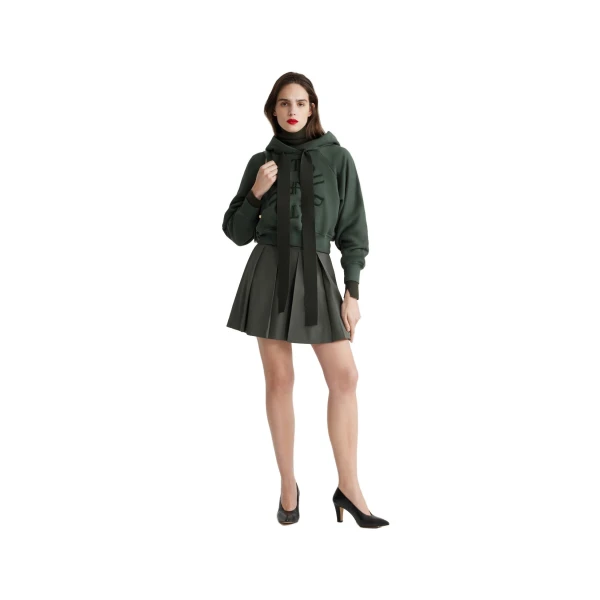 Pleated mini skirt in Khaki sustainable technical wool twill - Image 2