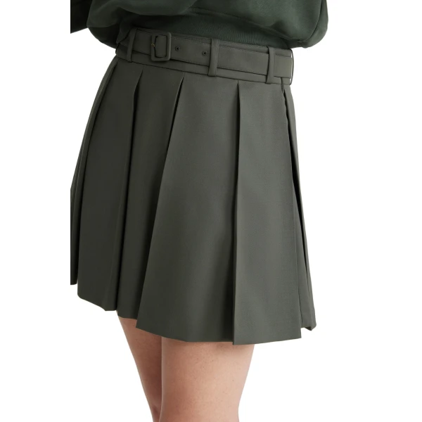 Pleated mini skirt in Khaki sustainable technical wool twill - Image 4