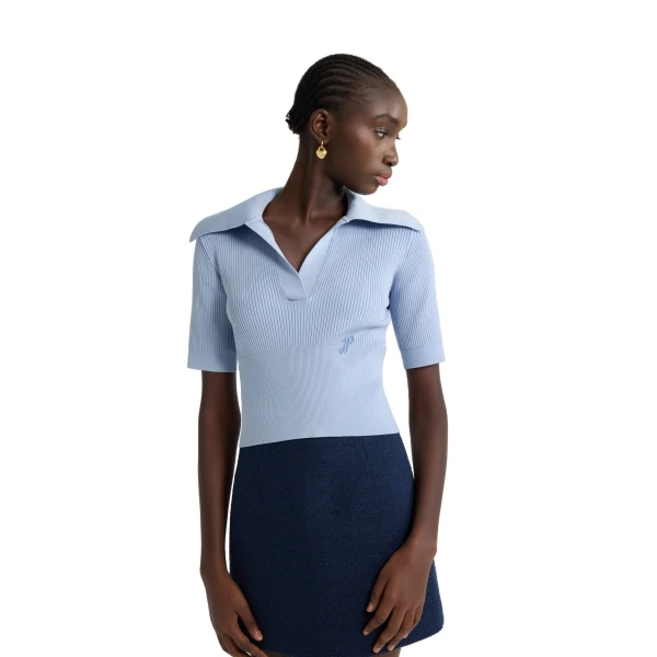 Polo knit top in Pearl Blue technical crepe - Image 4