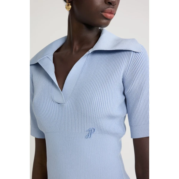 Polo knit top in Pearl Blue technical crepe - Image 5
