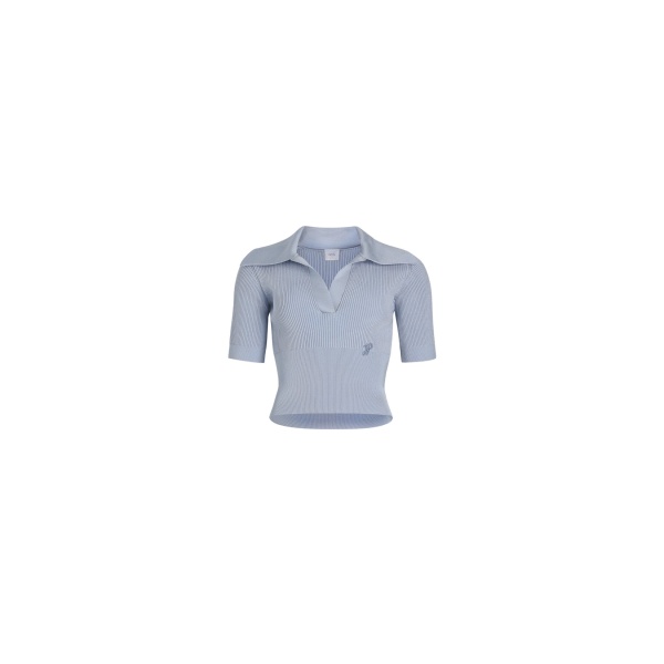 Patou Polo knit top in Pearl Blue technical crepe