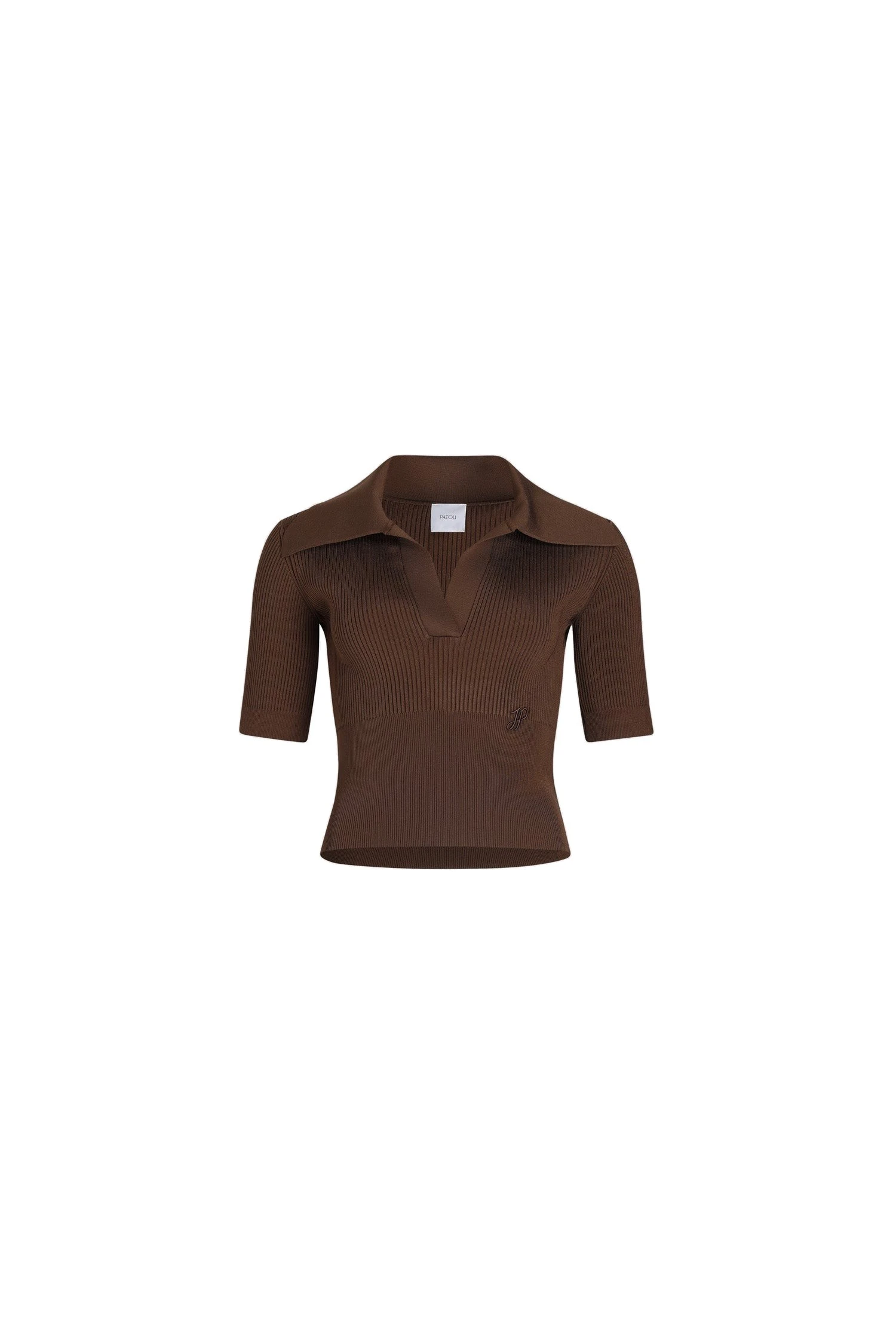 Patou Polo knit top in technical crepe | Coveti Patou Polo knit top in Tobacco technical crepe
