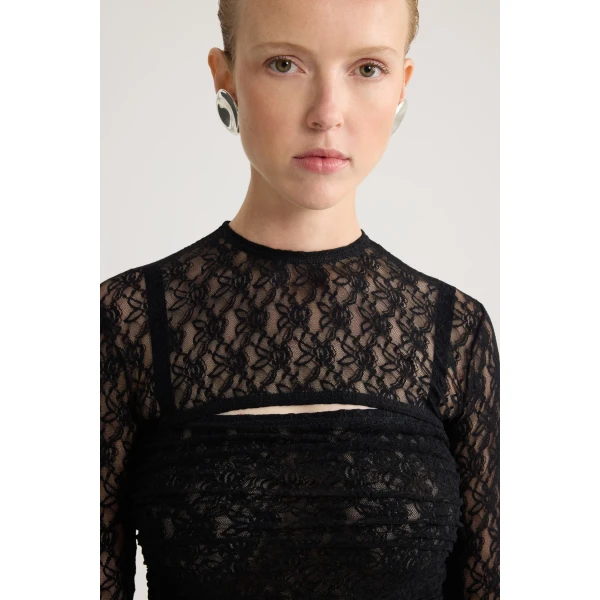 Polyamide lace twinset mini dress with detachable top in Black - Image 4