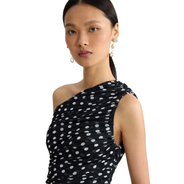 Recycled nylon asymmetric draped dress in Night Blue Polka Dots - Image 4