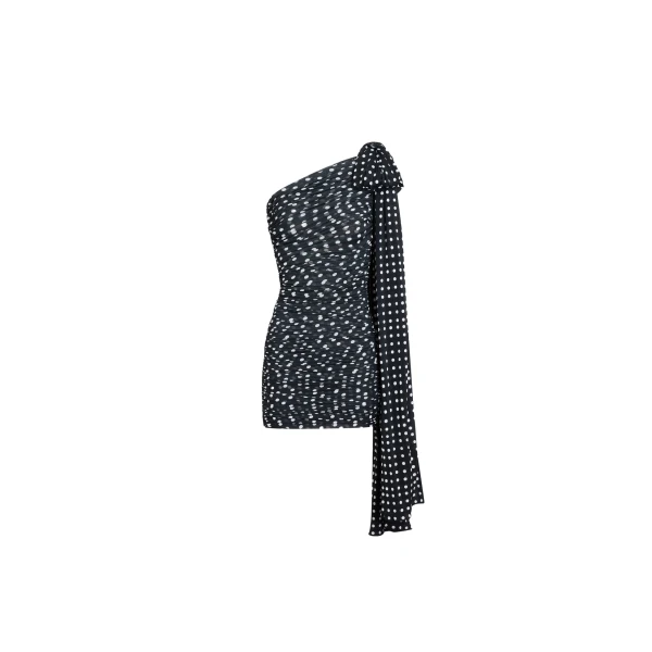 Patou Recycled nylon asymmetric draped dress in Night Blue Polka Dots