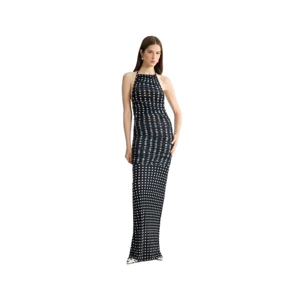 Recycled nylon long draped dress in Night Blue Polka Dots - Image 2