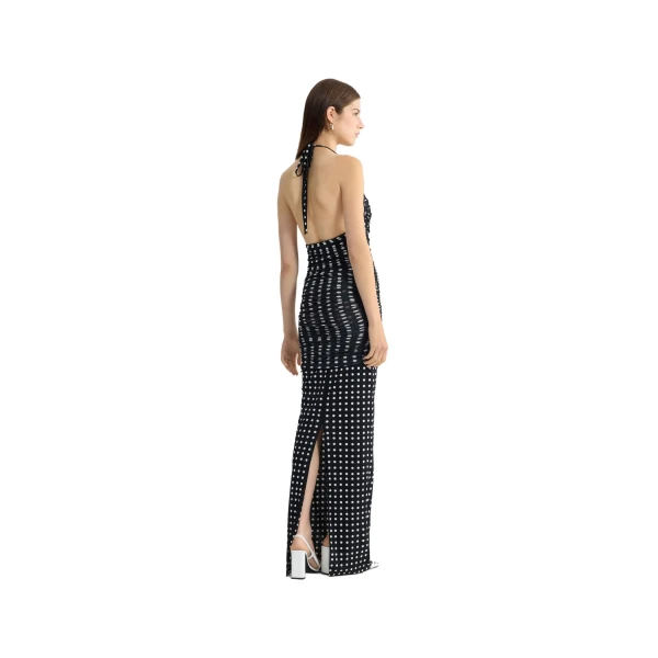 Recycled nylon long draped dress in Night Blue Polka Dots - Image 3